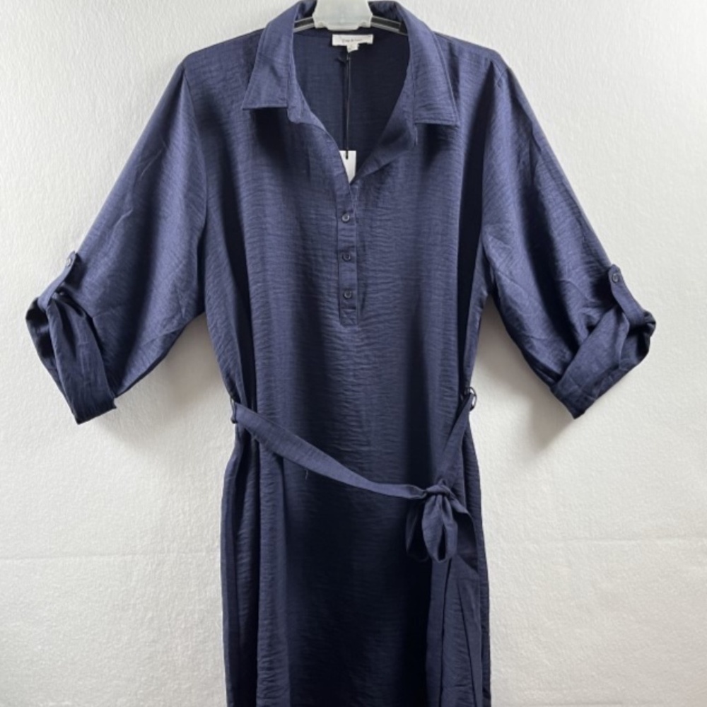 NWT Zoey & Leelo Navy Blue Belted Shirt Dress Roll-Tab Sleeves Size 3X